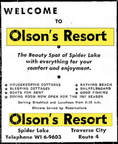 Olsons Resort - Jul 10 1957 Ad